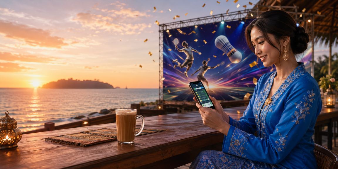 Pengguna Kota Kinabalu mengakses platform v2027 melalui telefon pintar dengan memakai baju kurung tradisional